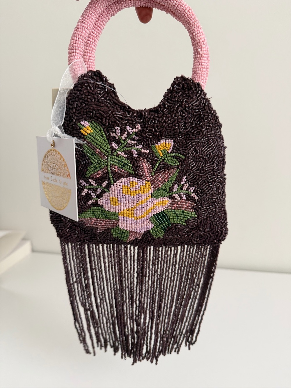 Beaded Floral Fringe Handbag - Pink Handle, Black Body